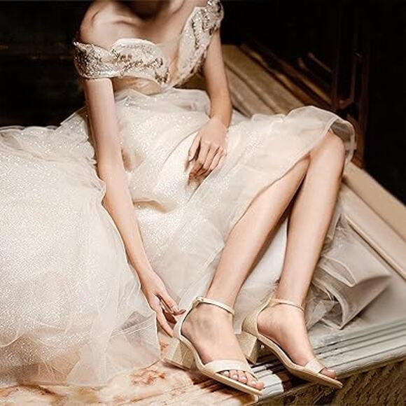 New Pizz Annu Womens 7.5W Wide Gold Glitter Open Toe Ankle Strap 2" Block Heels - Picture 6 of 7